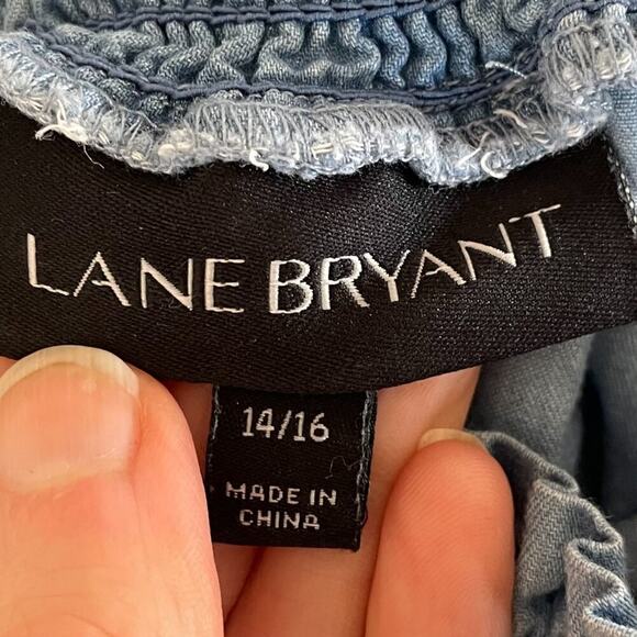 Lane Bryant Convertible Neck Smocked Embroidered Short Sleeve Denim Dress, 14/16 - Picture 7 of 11